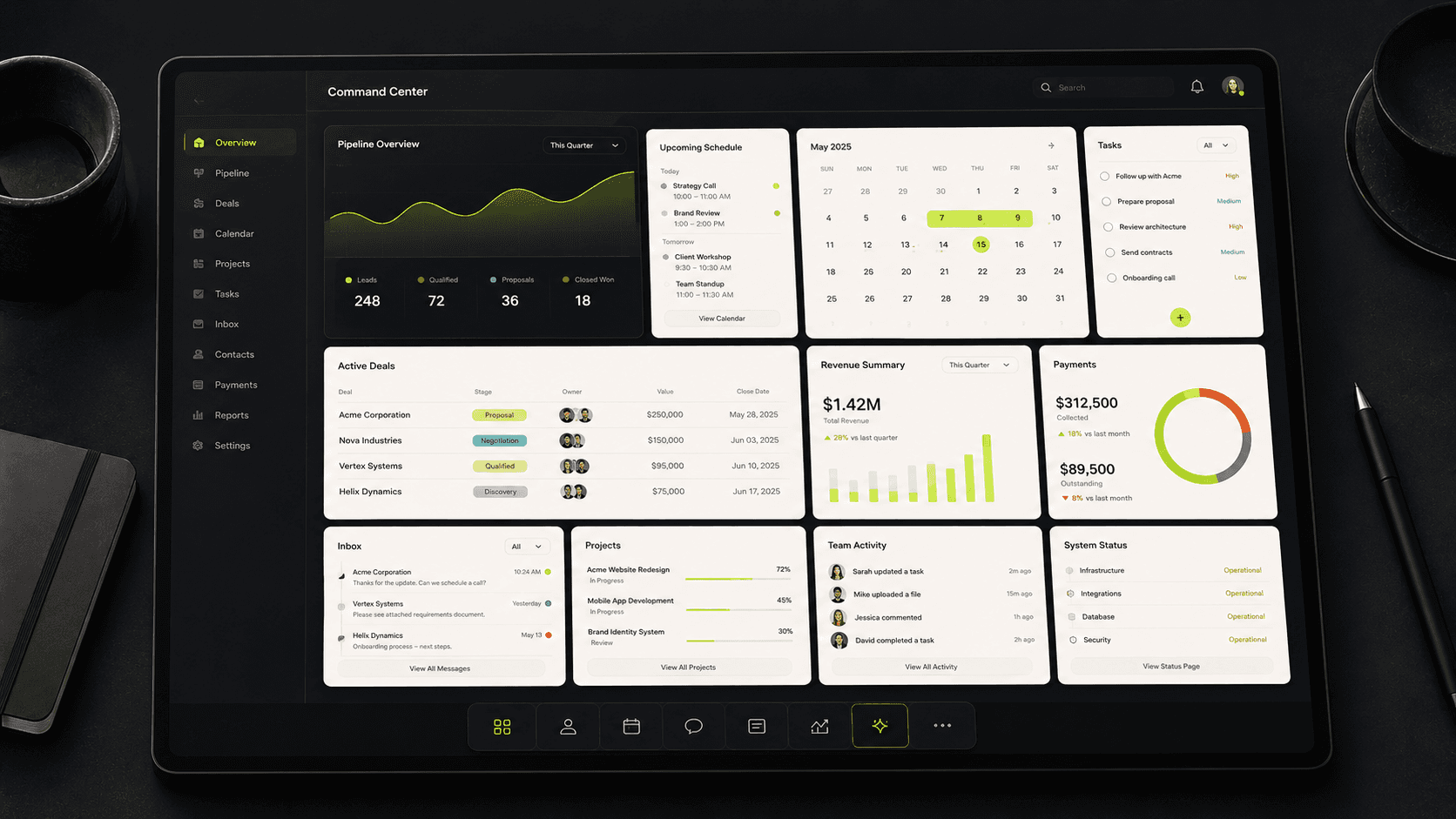 The YInfra Command Center dashboard — pipeline overview, active deals, calendar, tasks, revenue summary, and payments unified in one owned workspace.