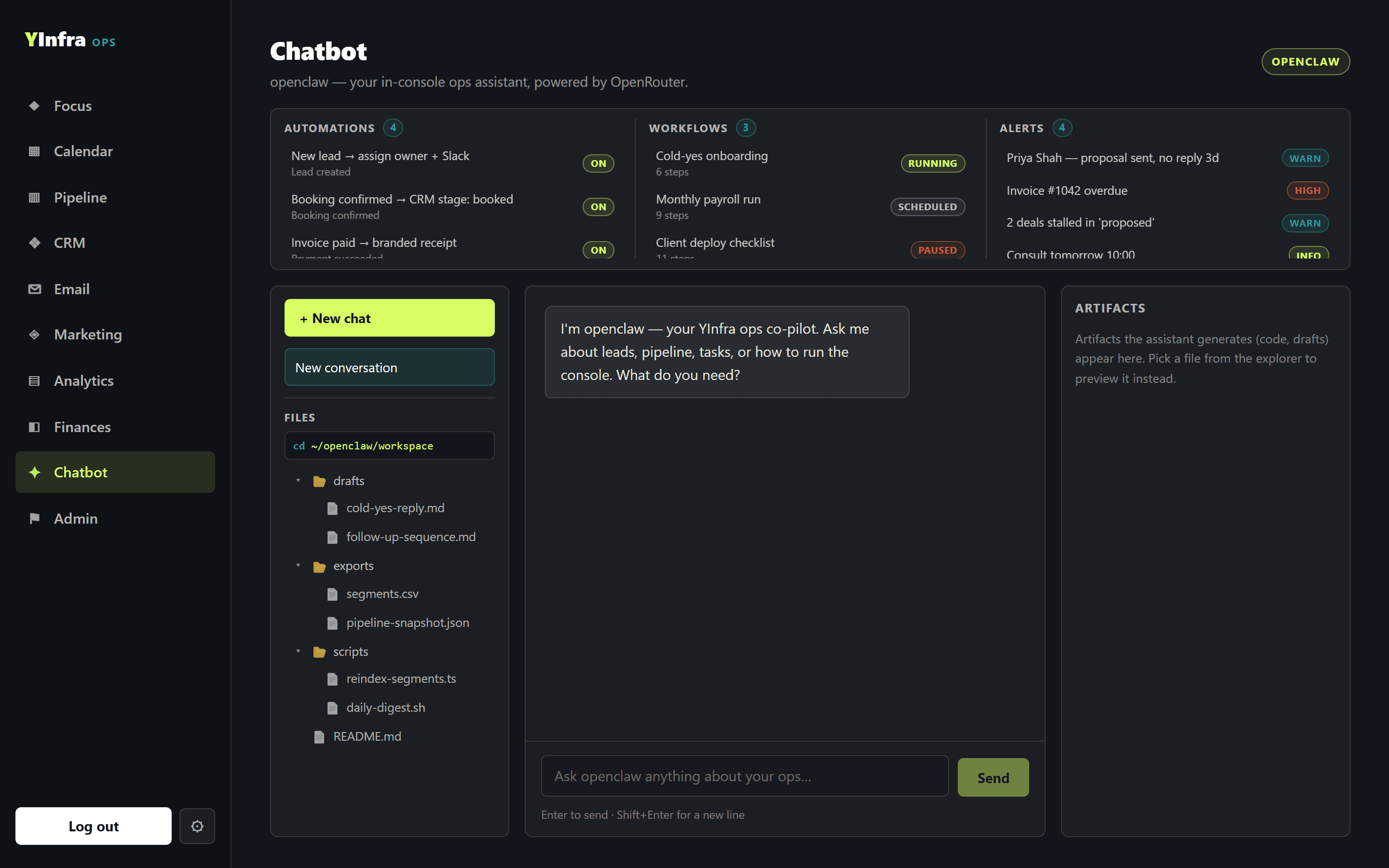 OpenClaw AI co-pilot chat panel drafting a follow-up message inside the operator console.