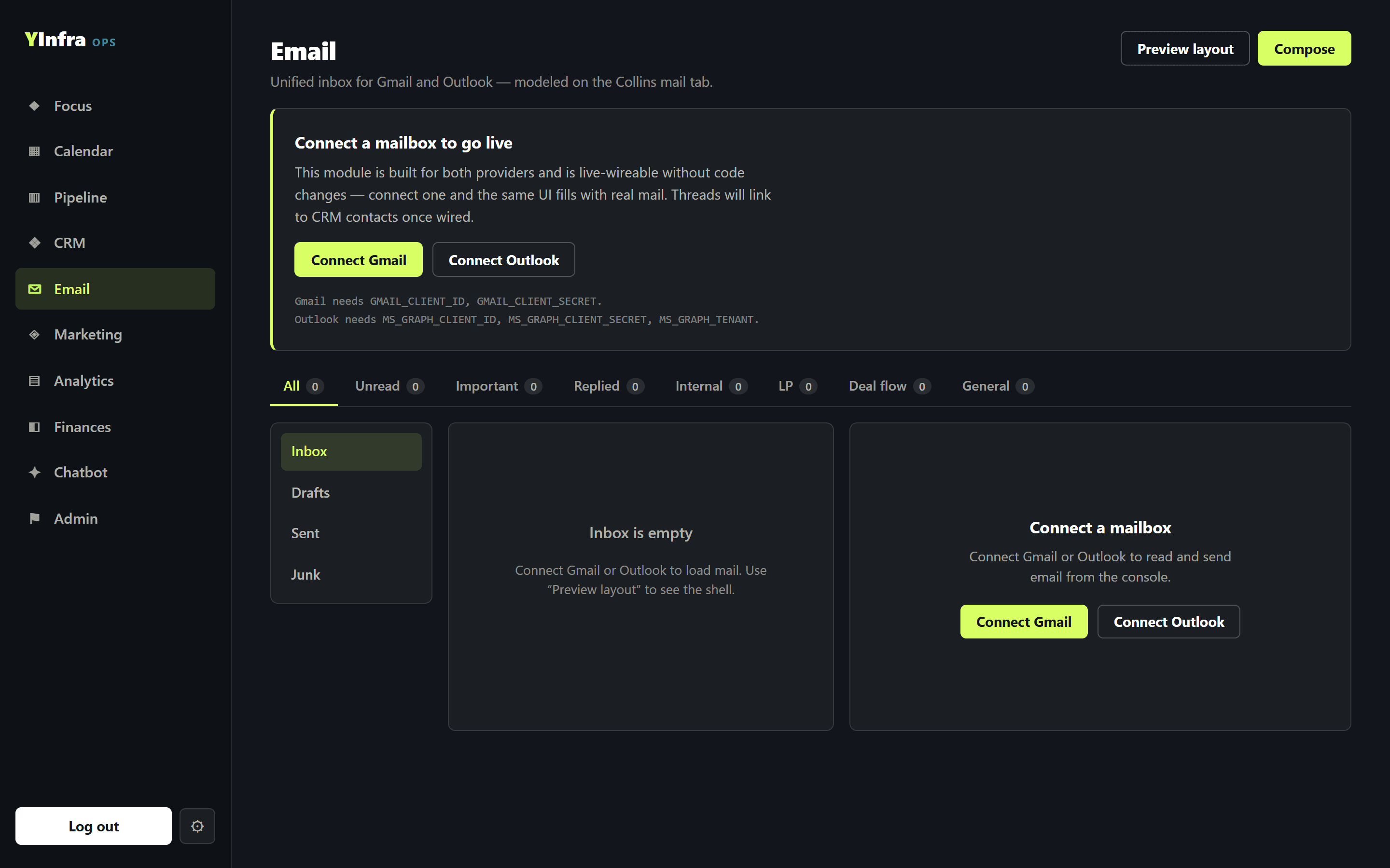Branded email composer previewing a mail-client-safe HTML message in the console.