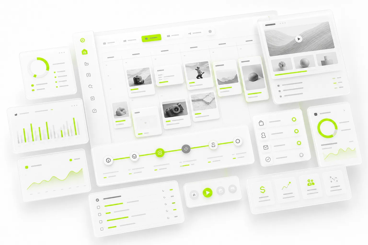 A creator operating console rendered as floating UI cards — sponsorship and brand-deal pipeline, invoicing, and deliverable tracking, with electric-green accents.