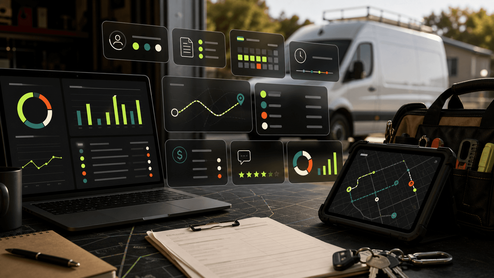 A home services dispatch desk with a work tablet, service van, and abstract panels for jobs, routes, payments, reviews, and owner metrics.