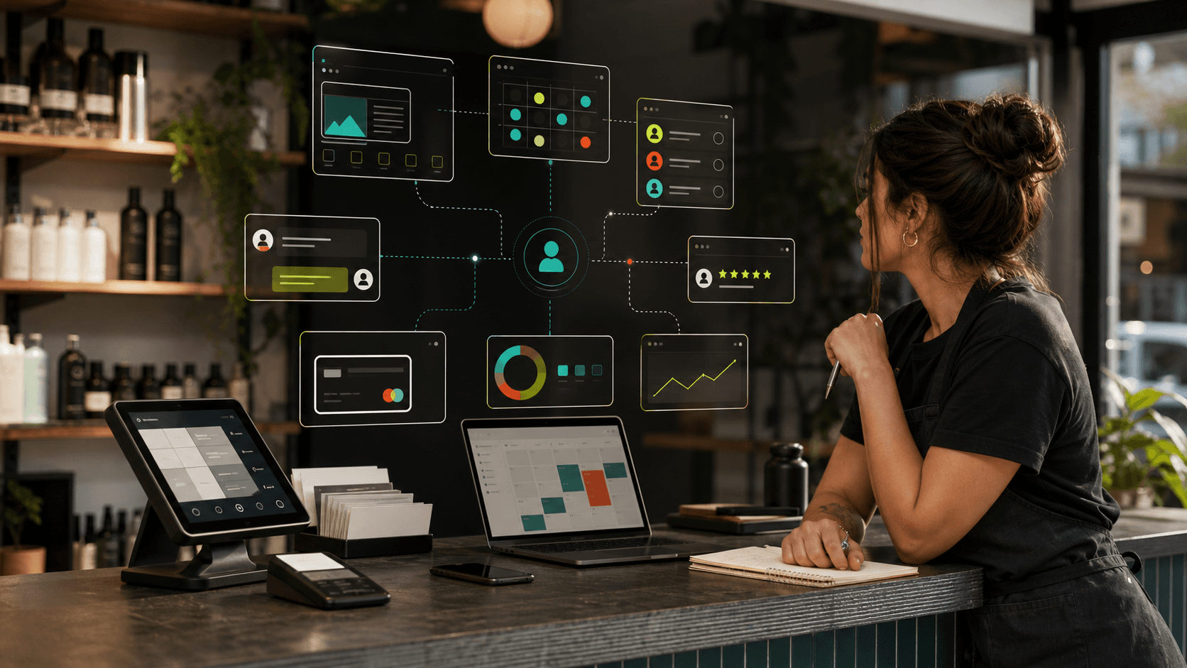 A local service studio counter with abstract panels connecting web leads, booking, customer records, reviews, payments, and owner visibility.