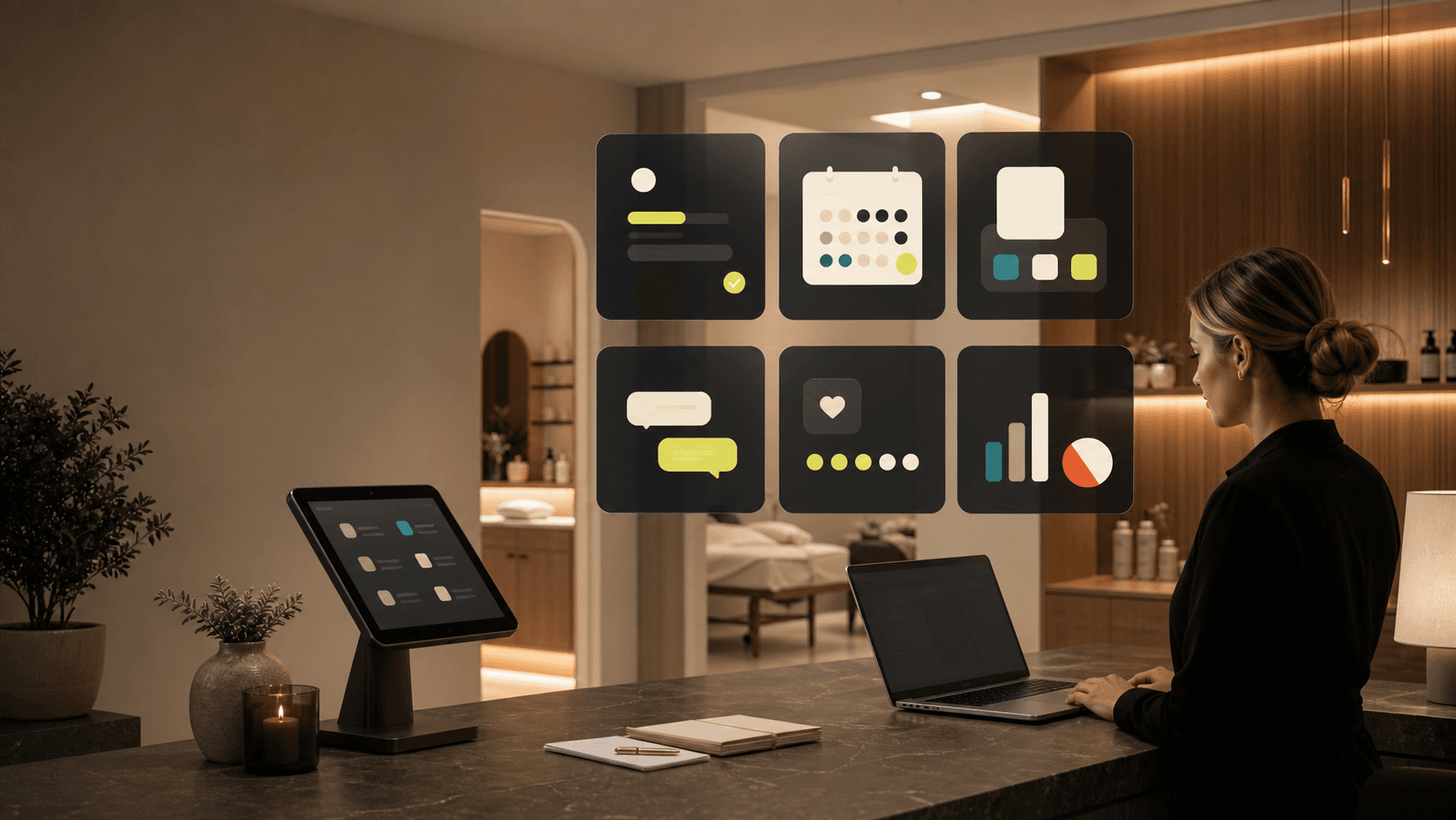 A premium med spa reception with abstract operating-layer panels for intake, booking, follow-up, reviews, and owner visibility.