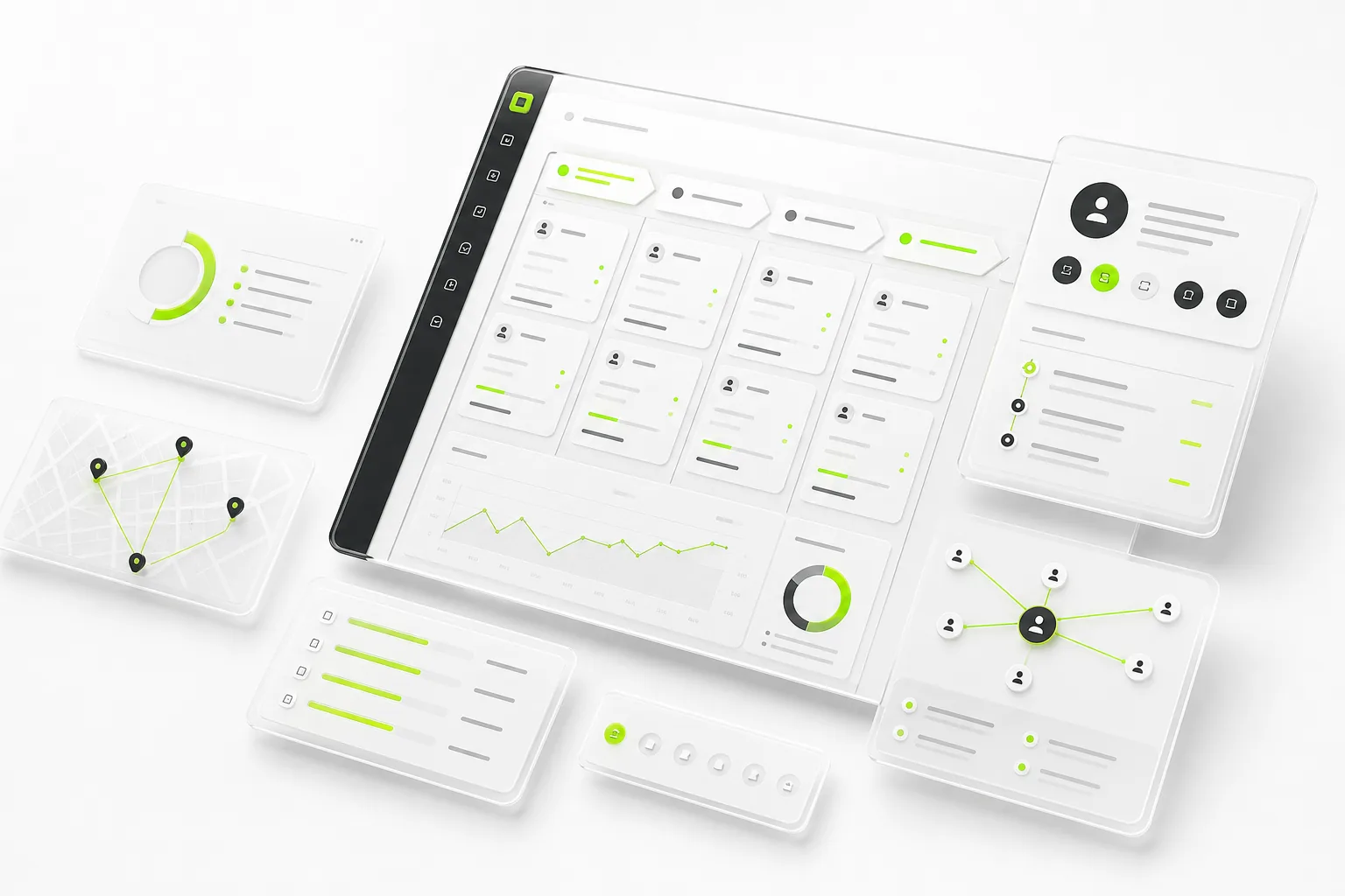 A private-lending operating console rendered as floating UI cards — deal pipeline, borrower and broker records, and investor follow-up, with electric-green accents.