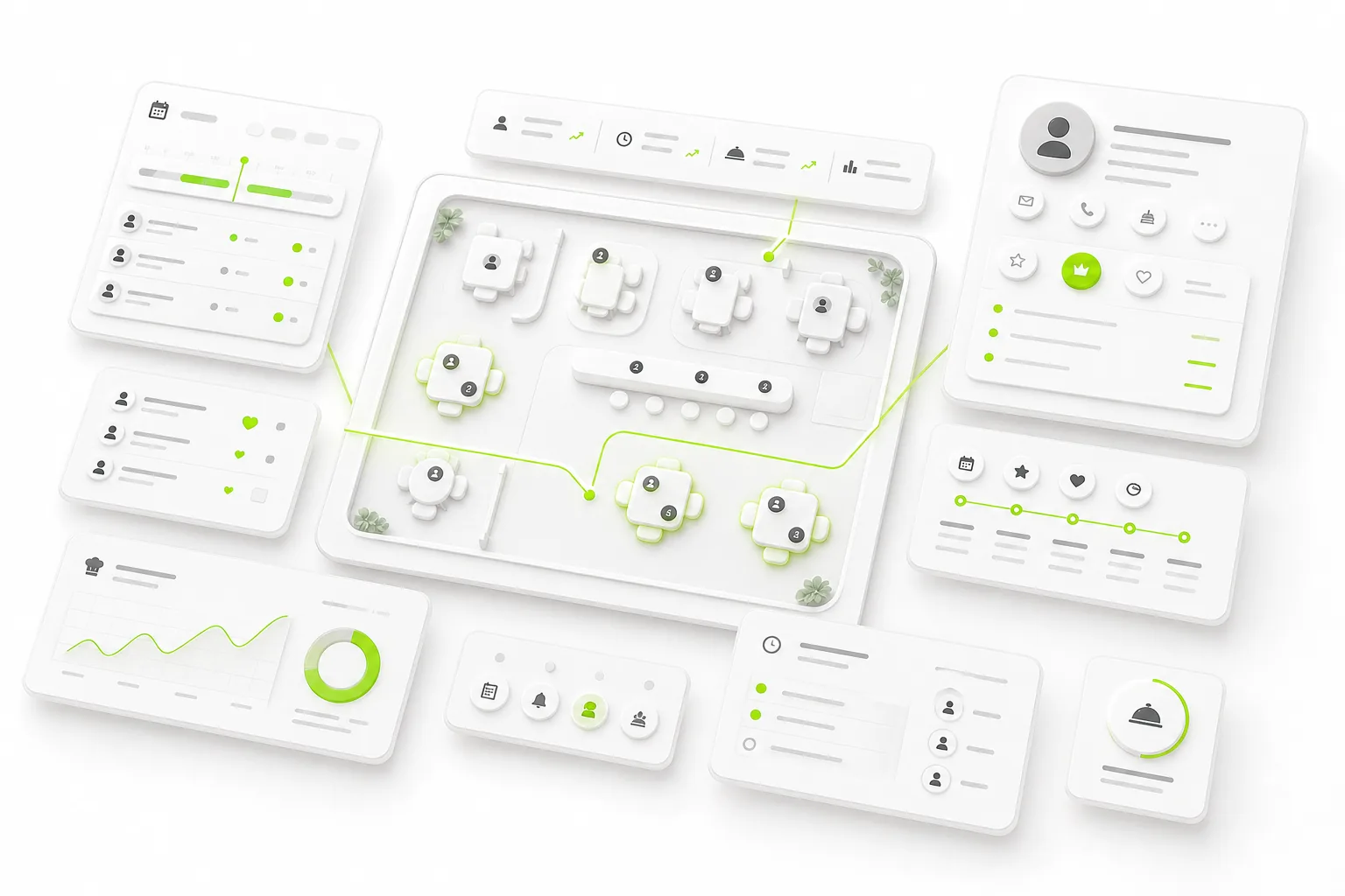 A restaurant operating console rendered as floating UI cards — reservations, private-event intake, guest records, and review follow-up, with electric-green accents.