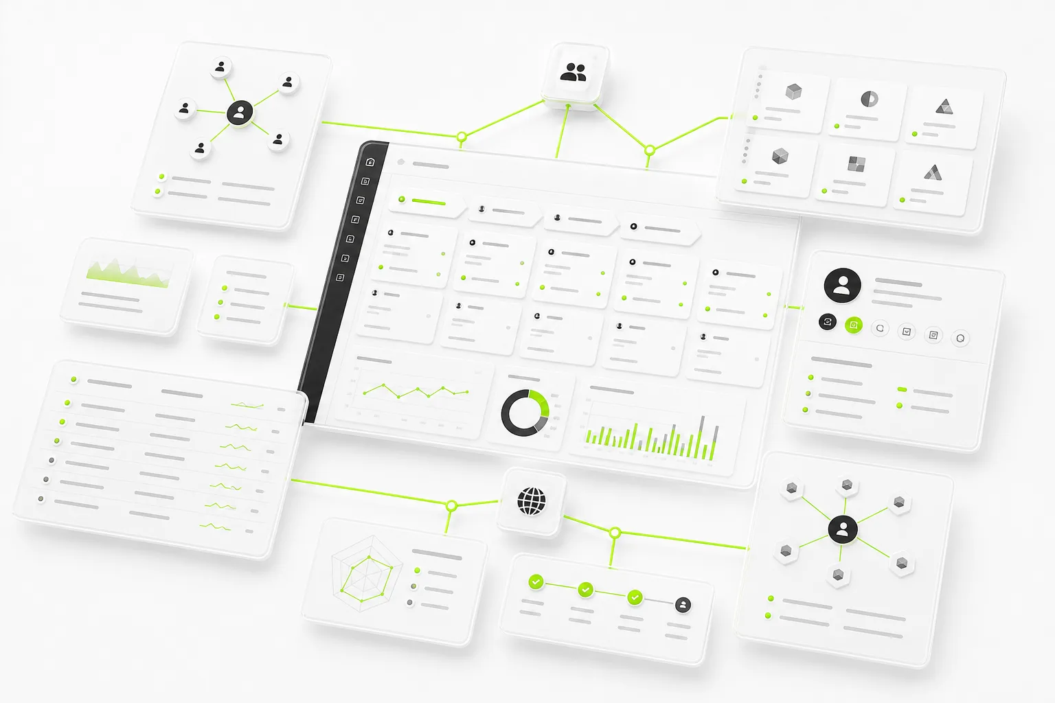 A venture-firm operating console rendered as floating UI cards — deal flow, founder and co-investor records, and pipeline tracking, with electric-green accents.